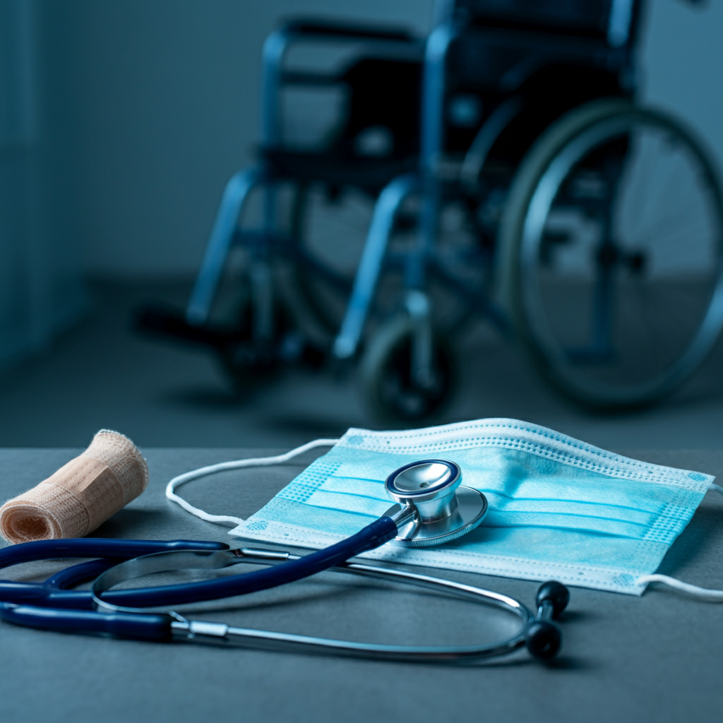 A wheelchair, bandaid, and stethoscope to suggest illness.