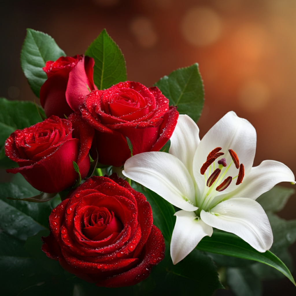 Close-up of rich red roses with delicate white lilies.